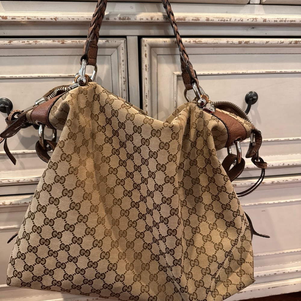 Gucci Tan and Brown Shoulder Bag with Signature Monogram